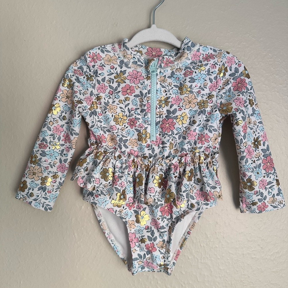 Tommy Bahama Baby Girl One Piece Rashguard Swimsuit with Sun Hat 12 Months